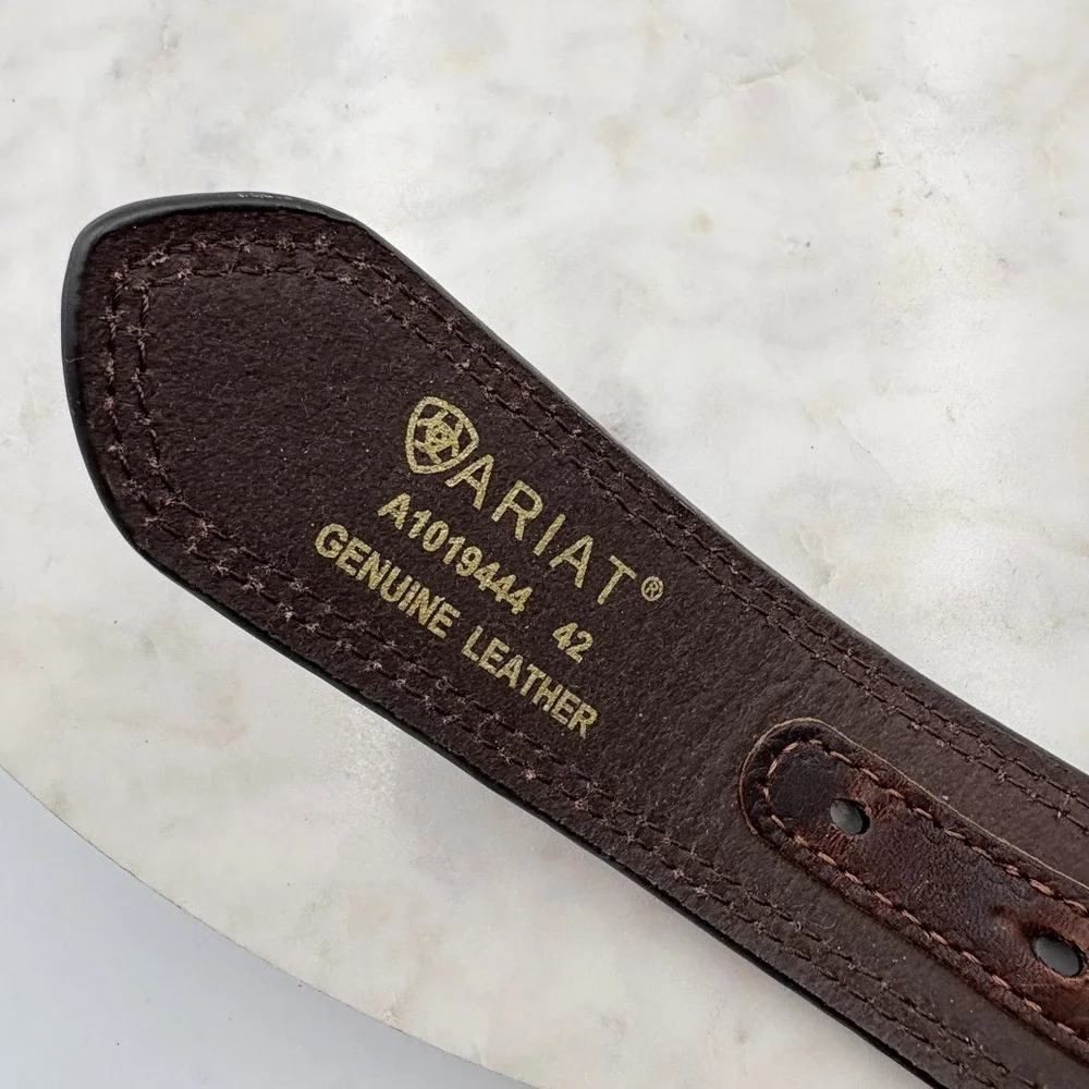 Ariat Leather Belt Mens 42 Brown Western Engraved Buckle Rodeo Cowboy Ranch Farm